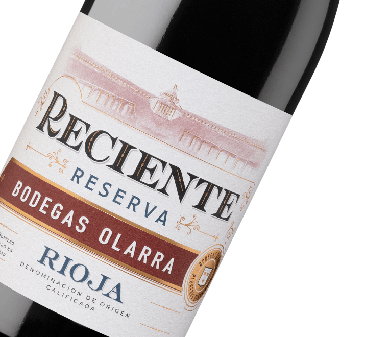 Etiqueta del vino tinto de Rioja Reciente reserva de Bodegas Olarra